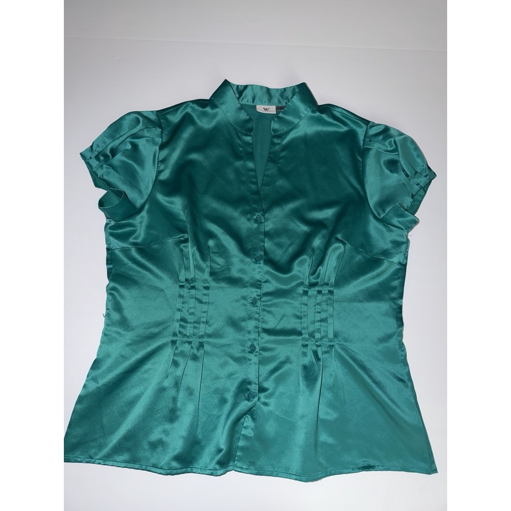 Worthington Women XL Blouse Teal Satin Short Sleeve Tie Waist Green Casual Top